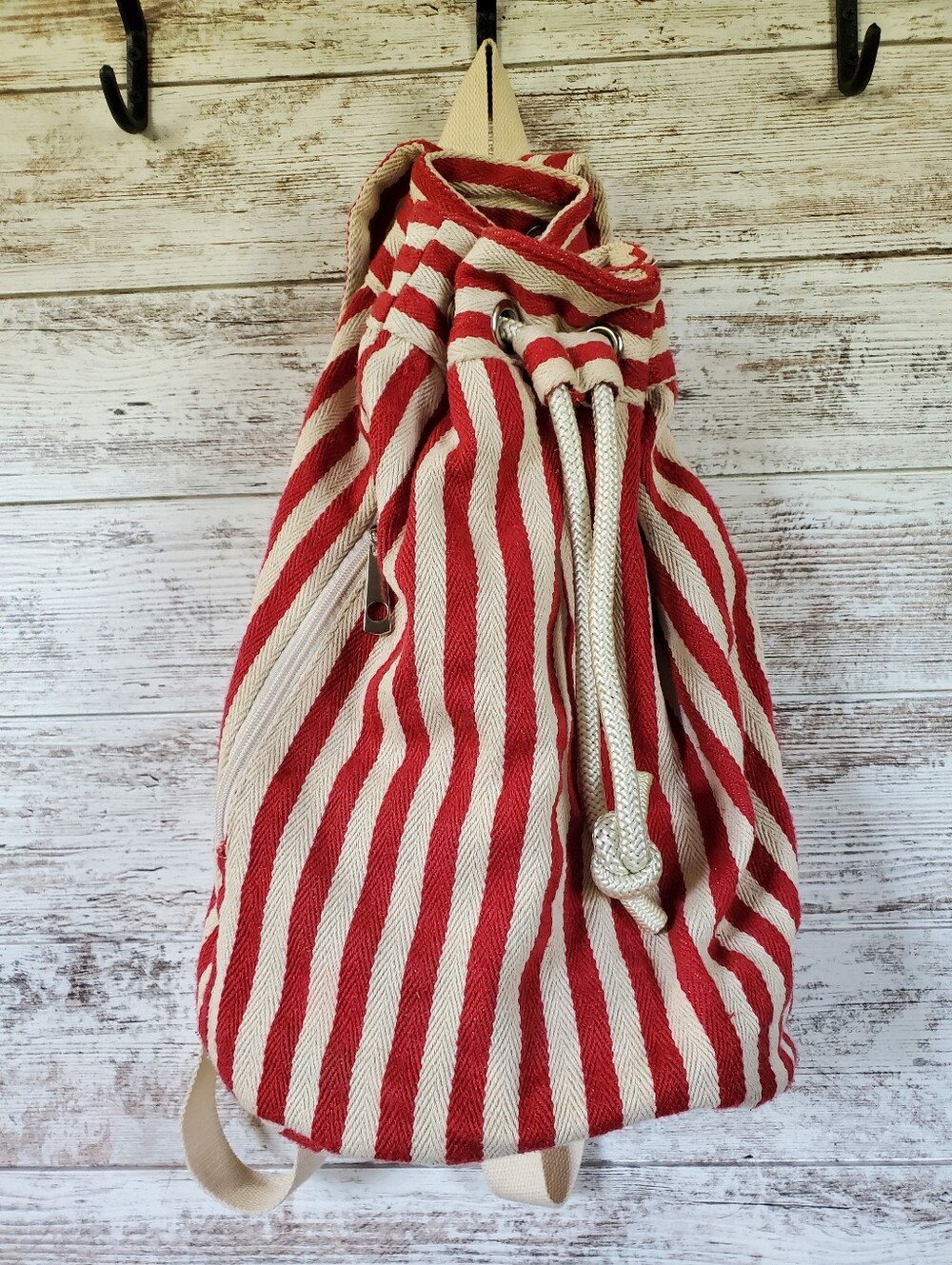 Rucksack Style Red & White Striped Canvas Drawstring Backpack Unisex